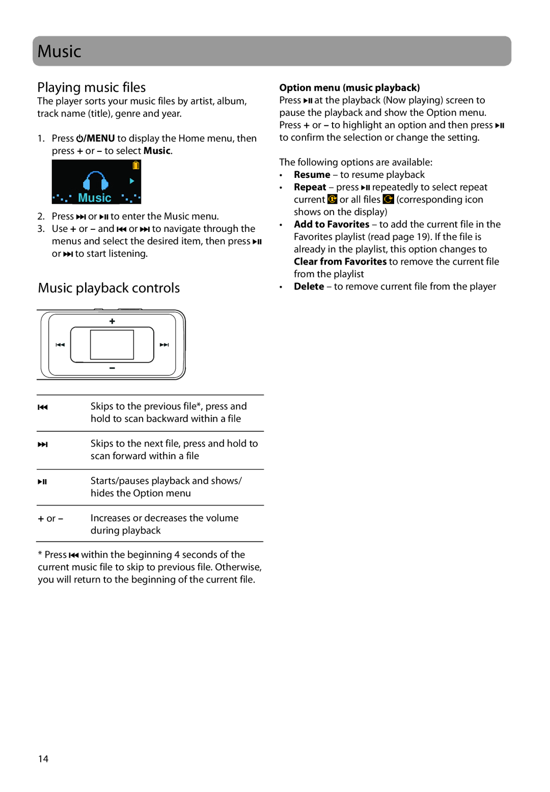 RCA TH1708, TH1702, TC1704, TH1704, TC1702 Playing music files, Music playback controls, Option menu music playback 