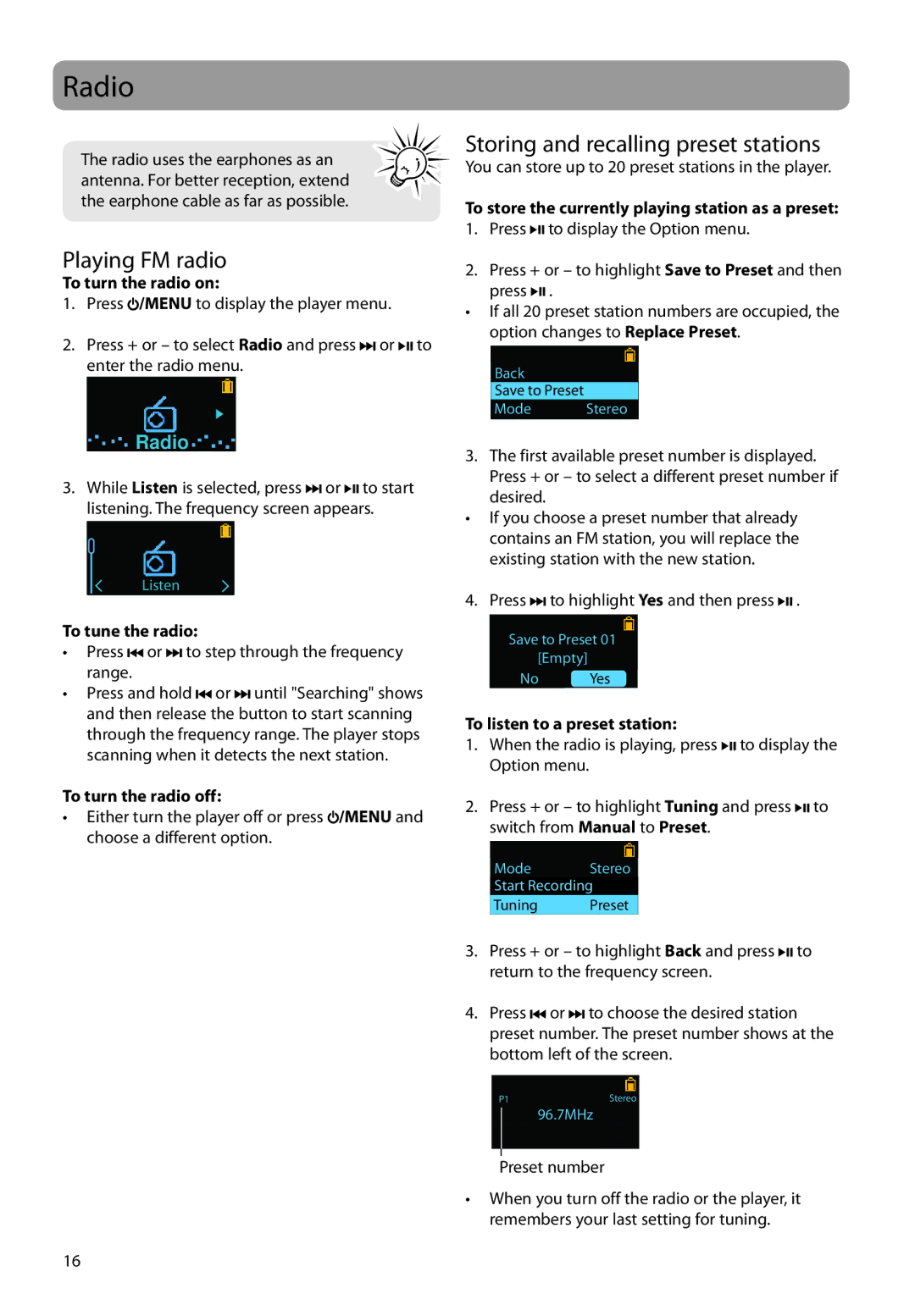 RCA TC1702, TH1702, TC1704, TH1708, TH1704, TC1708 user manual Radio, Playing FM radio, Storing and recalling preset stations 