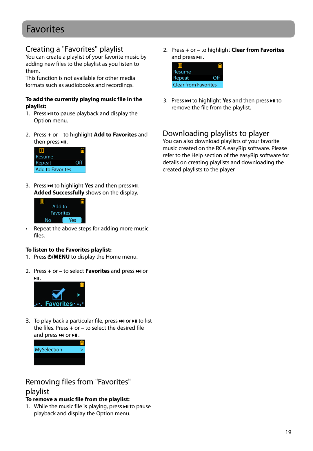 RCA TC1704 Creating a Favorites playlist, Downloading playlists to player, Removing files from Favorites playlist 