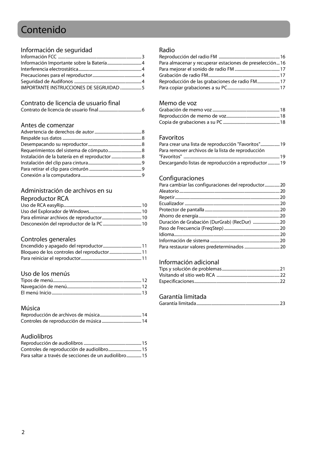 RCA TH1704, TH1702, TC1704, TH1708, TC1702, TC1708 user manual Contenido, Información de seguridad 