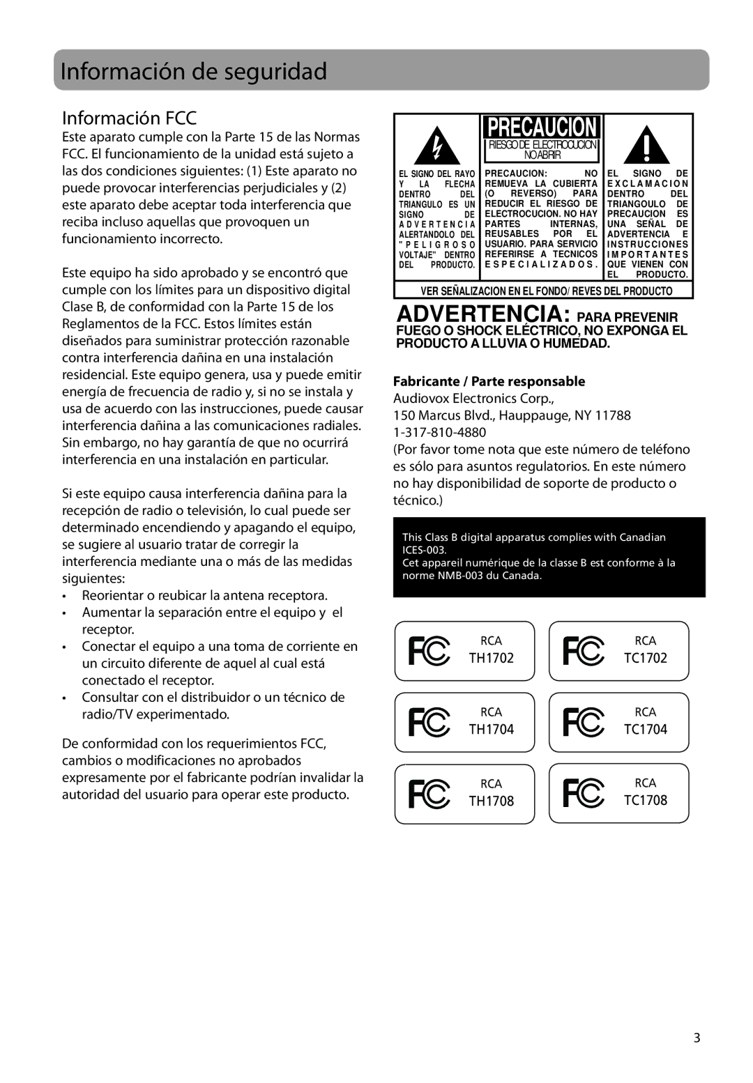 RCA TC1702, TH1702, TC1704, TH1708, TH1704, TC1708 Información de seguridad, Información FCC, Fabricante / Parte responsable 