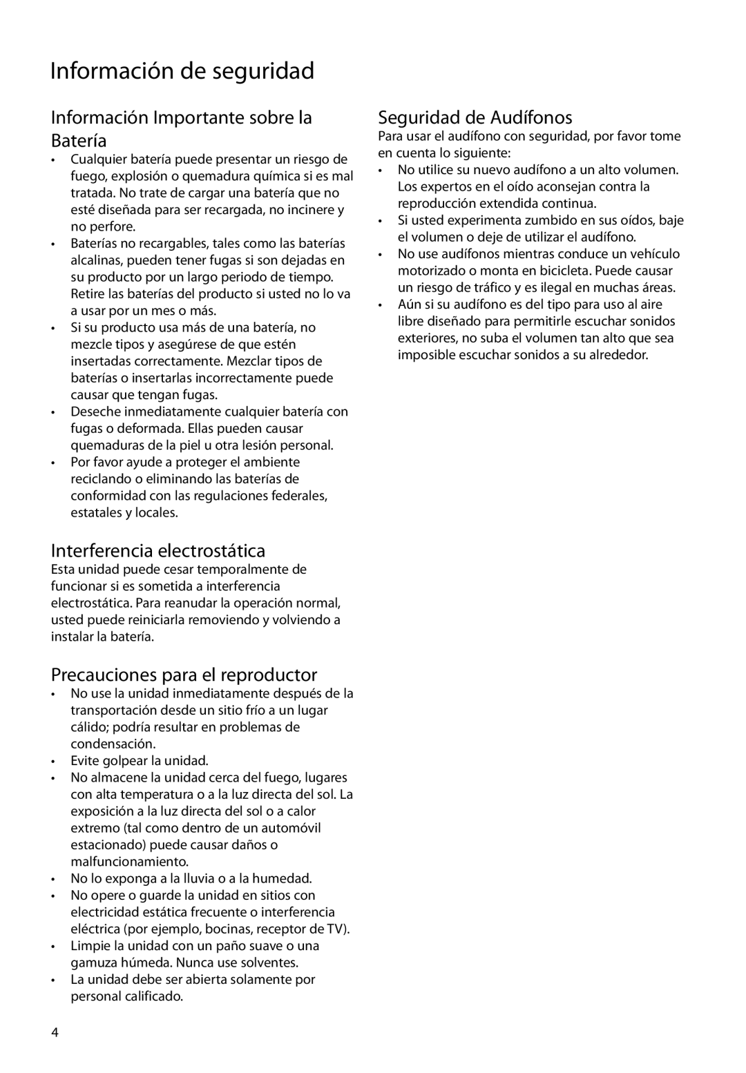 RCA TC1708, TH1702 Información Importante sobre la Batería, Interferencia electrostática, Precauciones para el reproductor 