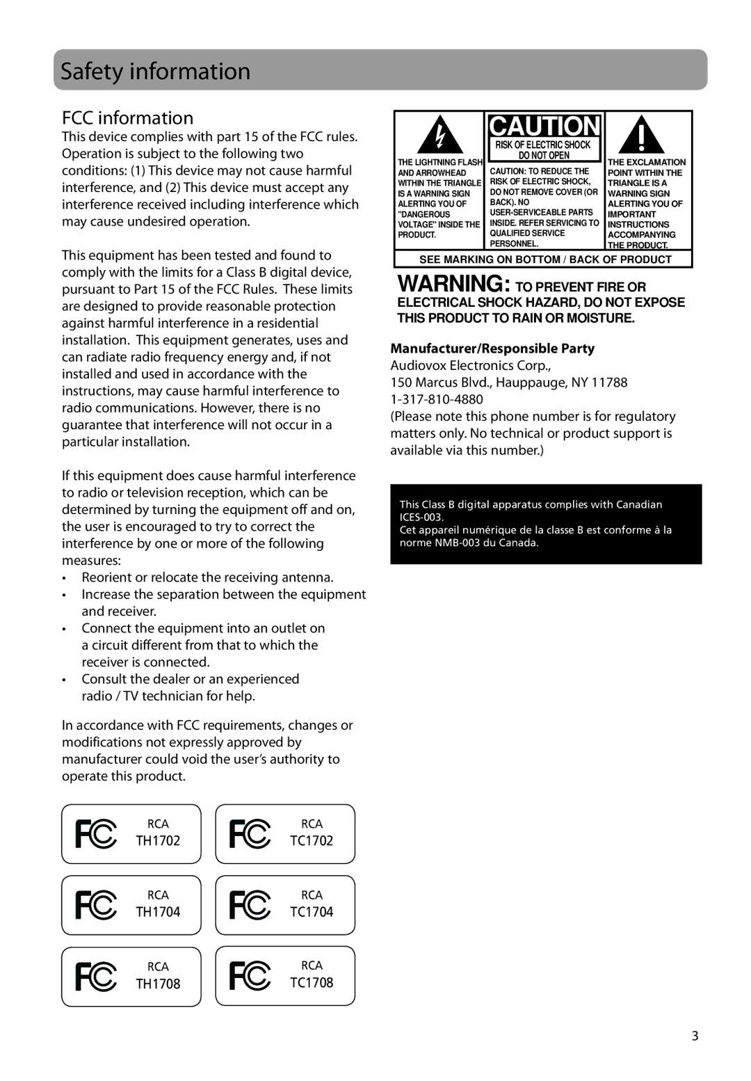 RCA TH1704, TH1702, TC1704, TH1708, TC1702, TC1708 Safety information, FCC information, Manufacturer/Responsible Party 