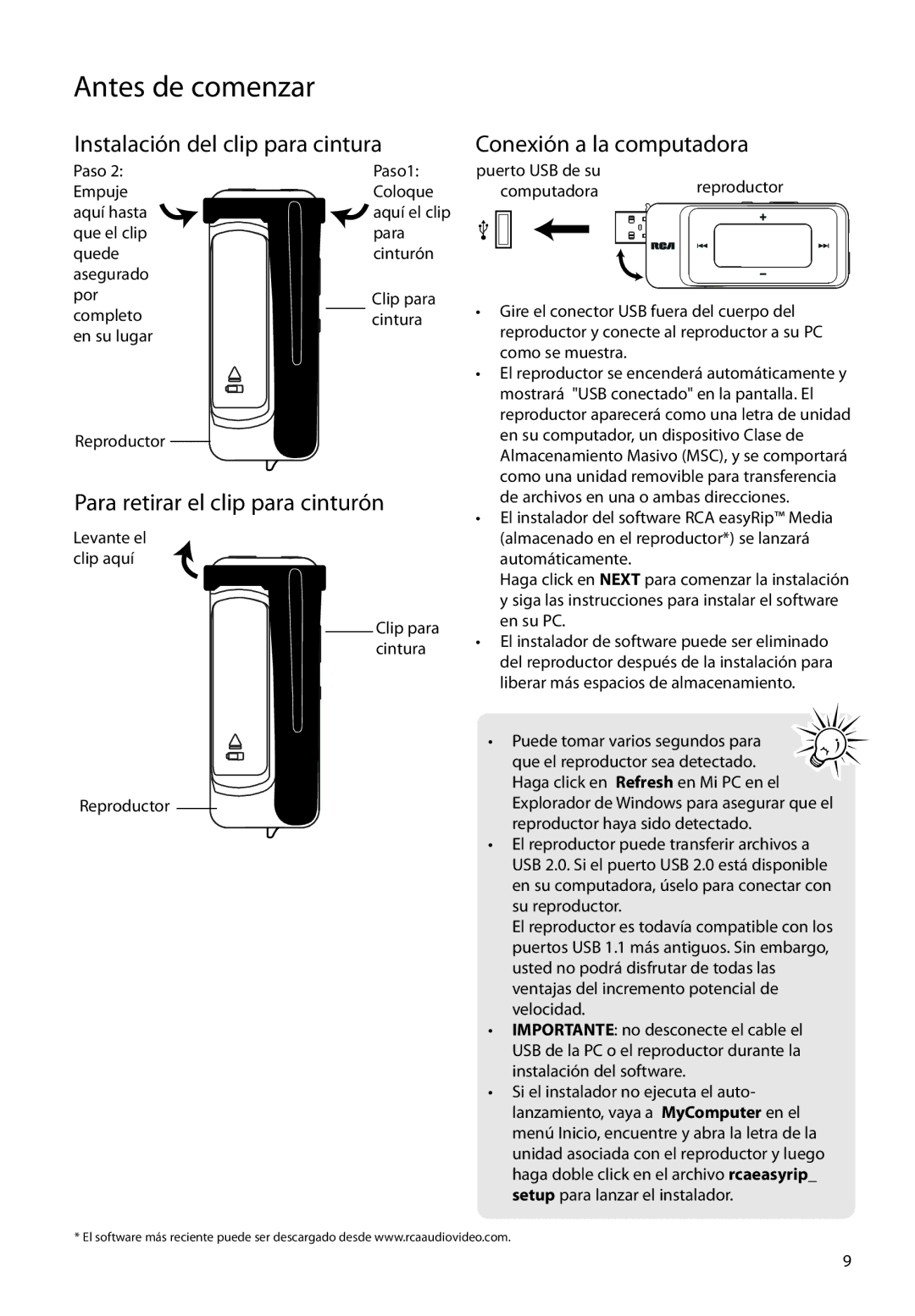 RCA TC1702, TH1702, TC1704 Instalación del clip para cintura, Para retirar el clip para cinturón, Conexión a la computadora 