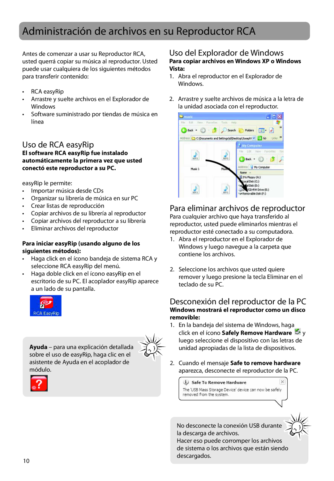 RCA TC1708, TH1702 Administración de archivos en su Reproductor RCA, Uso del Explorador de Windows, Uso de RCA easyRip 