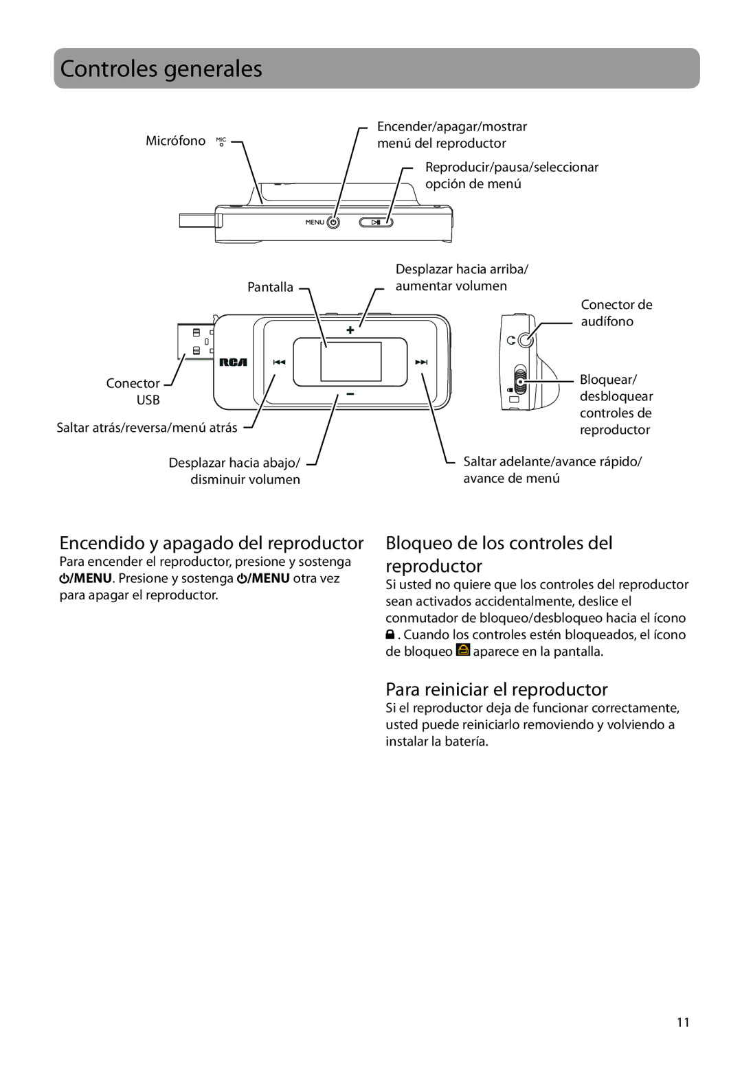 RCA TH1702, TC1704 Controles generales, Encendido y apagado del reproductor, Bloqueo de los controles del reproductor 