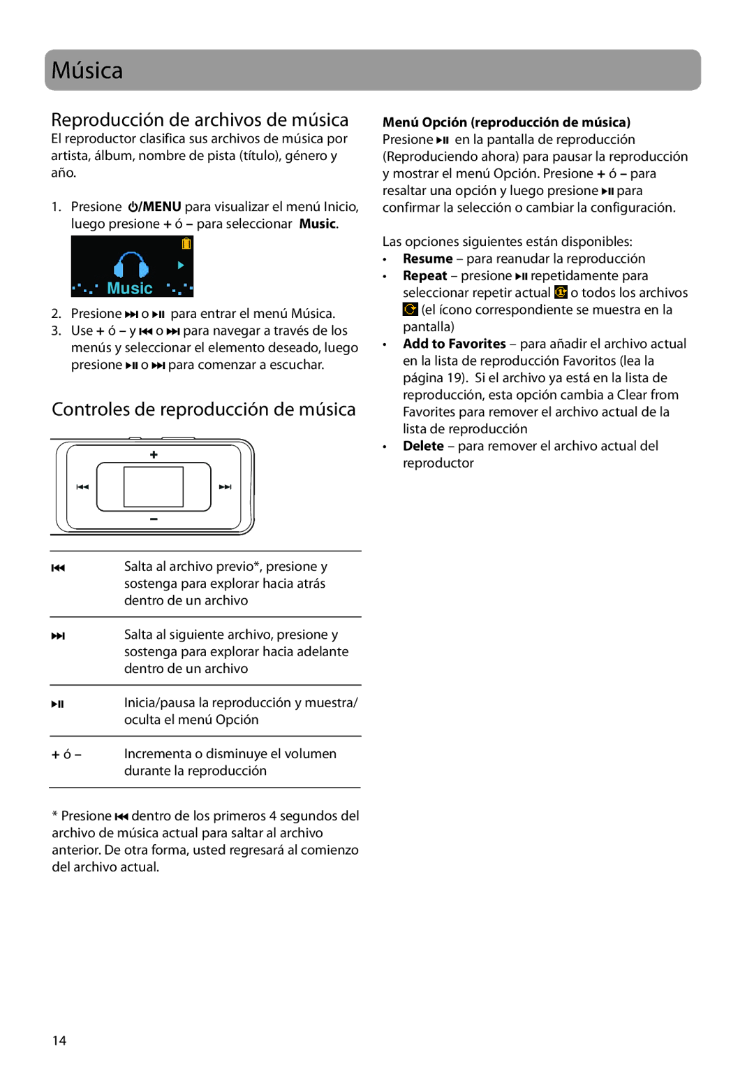 RCA TH1704, TH1702, TC1704, TH1708, TC1702 Música, Reproducción de archivos de música, Controles de reproducción de música 