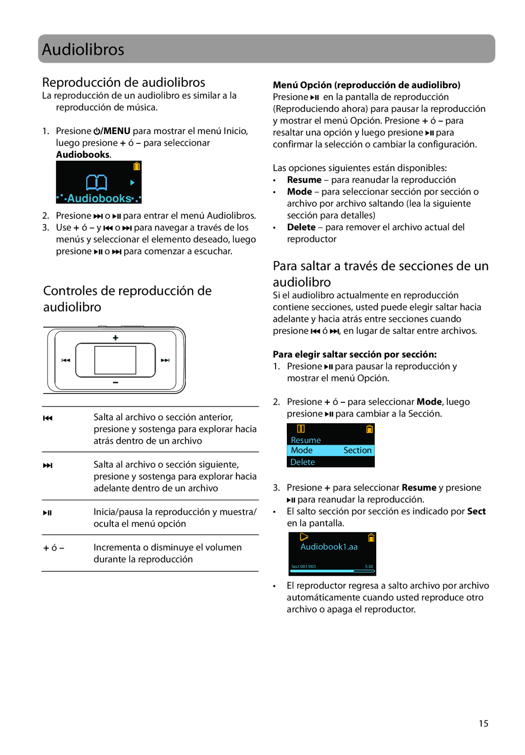 RCA TC1702, TH1702, TC1704, TH1708, TH1704 Audiolibros, Reproducción de audiolibros, Controles de reproducción de audiolibro 