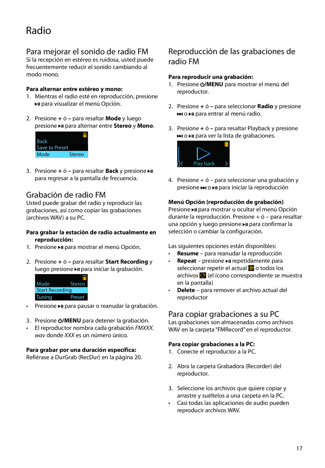 RCA TH1702, TC1704 Para mejorar el sonido de radio FM, Grabación de radio FM, Reproducción de las grabaciones de radio FM 