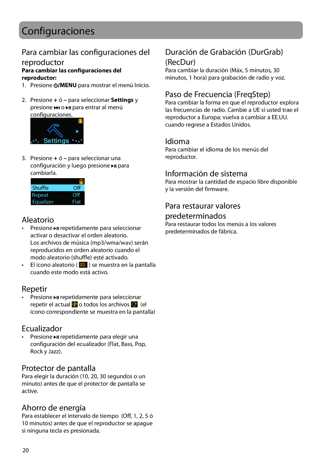 RCA TH1704, TH1702, TC1704, TH1708, TC1702, TC1708 user manual Configuraciones 