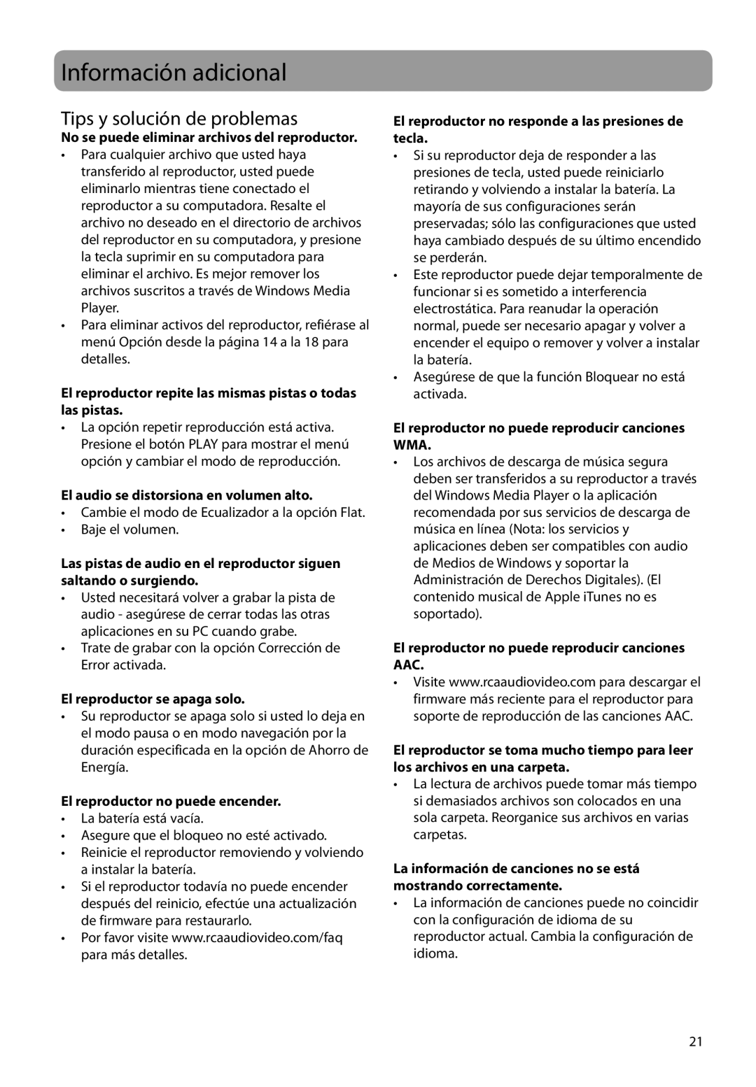 RCA TC1702, TH1702, TC1704, TH1708, TH1704, TC1708 user manual Información adicional, Tips y solución de problemas 