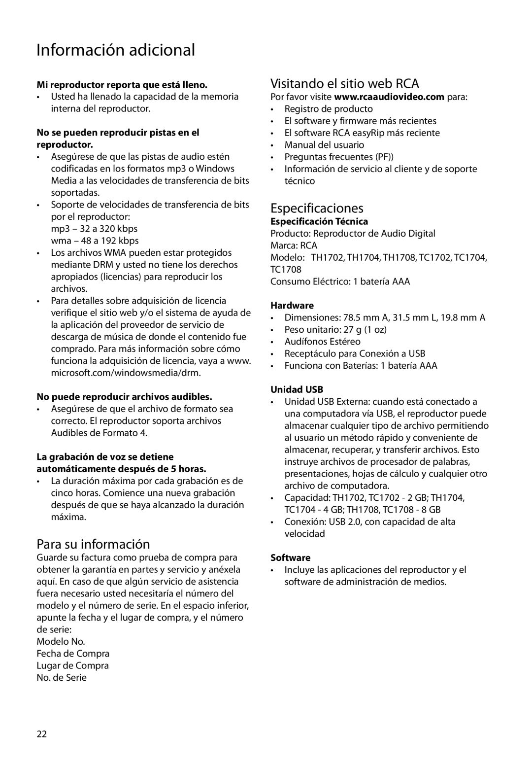 RCA TC1708, TH1702, TC1704, TH1708, TH1704, TC1702 user manual Para su información, Visitando el sitio web RCA, Especificaciones 