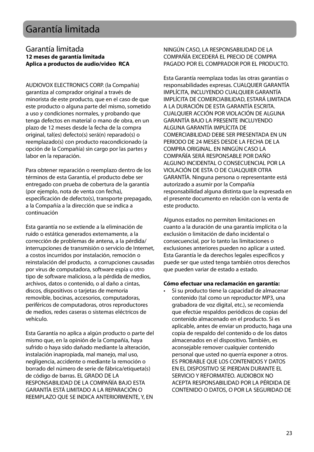 RCA TH1702, TC1704, TH1708, TH1704, TC1702, TC1708 user manual Garantía limitada, Cómo efectuar una reclamación en garantía 