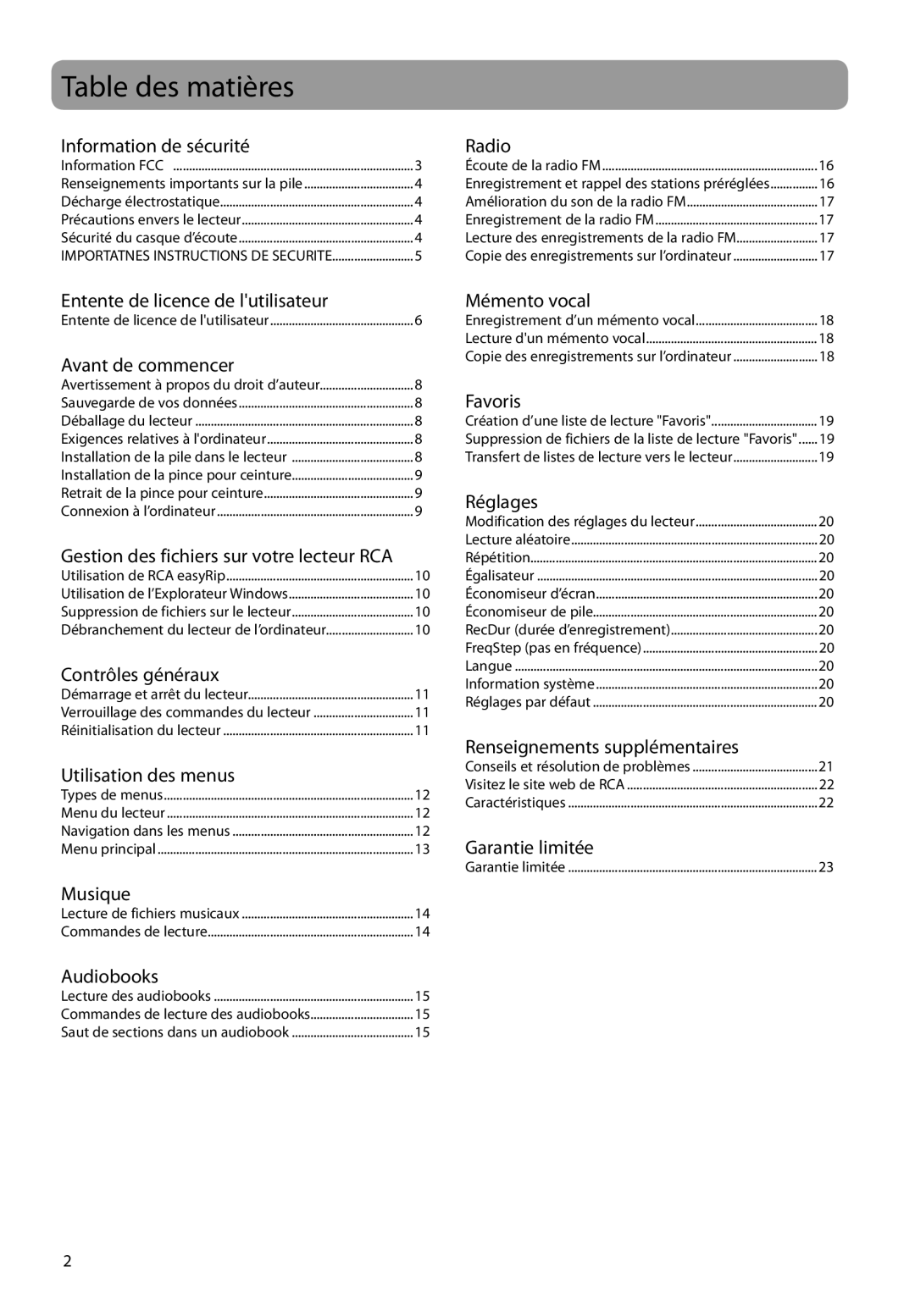 RCA TC1702, TH1702, TC1704, TH1708, TH1704, TC1708 user manual Table des matières, Gestion des fichiers sur votre lecteur RCA 