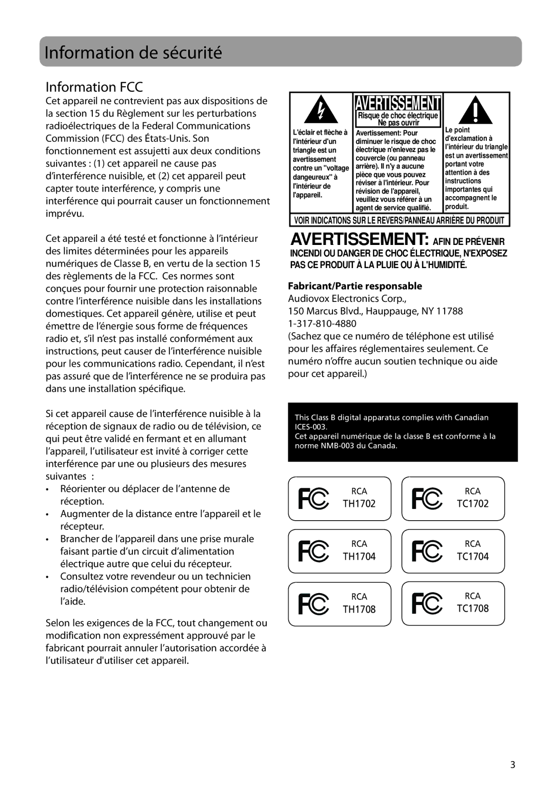 RCA TC1708, TH1702, TC1704, TH1708, TH1704, TC1702 Information de sécurité, Information FCC, Fabricant/Partie responsable 