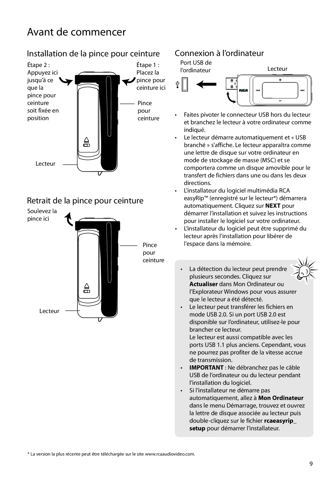 RCA TC1708, TH1702, TC1704, TH1708, TH1704, TC1702 user manual Retrait de la pince pour ceinture 