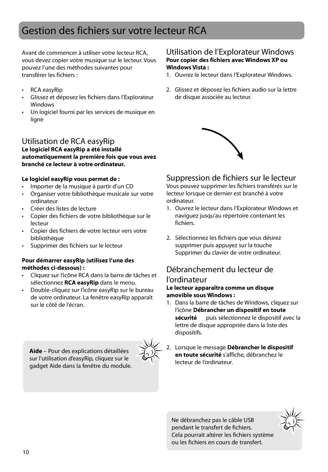 RCA TH1702 Gestion des fichiers sur votre lecteur RCA, Utilisation de RCA easyRip, Utilisation de l’Explorateur Windows 