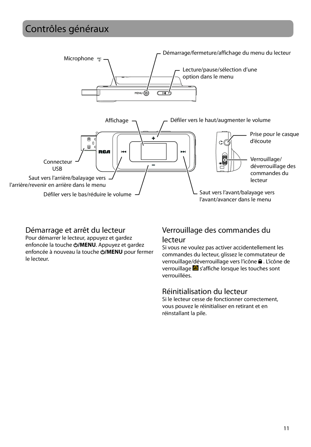 RCA TC1704, TH1702, TH1708, TH1704 Contrôles généraux, Démarrage et arrêt du lecteur, Verrouillage des commandes du lecteur 