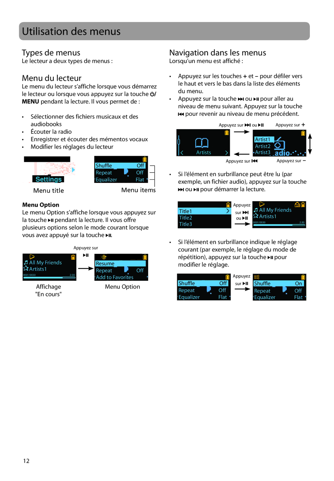 RCA TH1708, TH1702, TC1704 Utilisation des menus, Types de menus, Menu du lecteur, Navigation dans les menus, Menu Option 