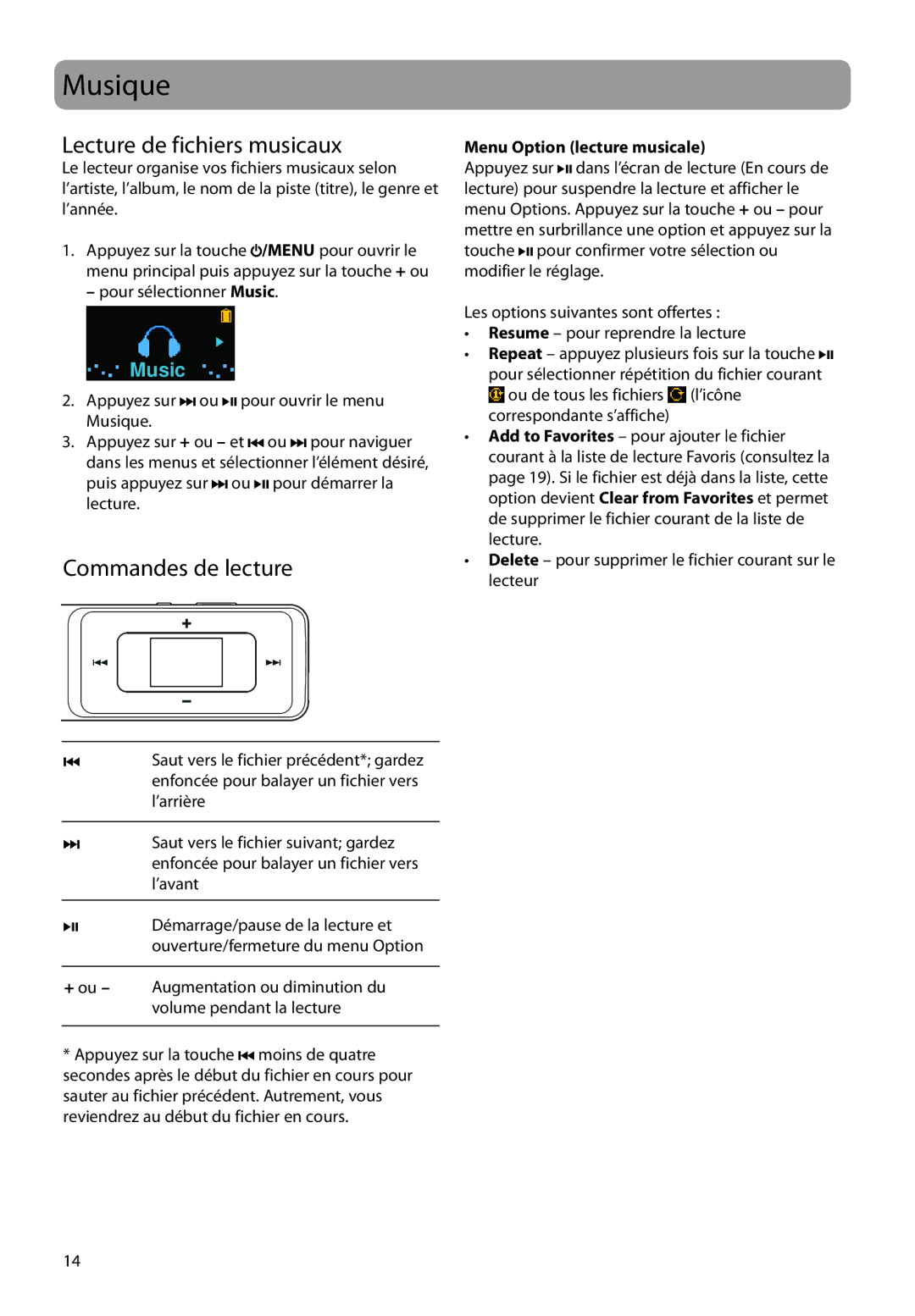 RCA TC1702, TH1702, TC1704, TH1708 Musique, Lecture de fichiers musicaux, Commandes de lecture, Pour sélectionner Music 