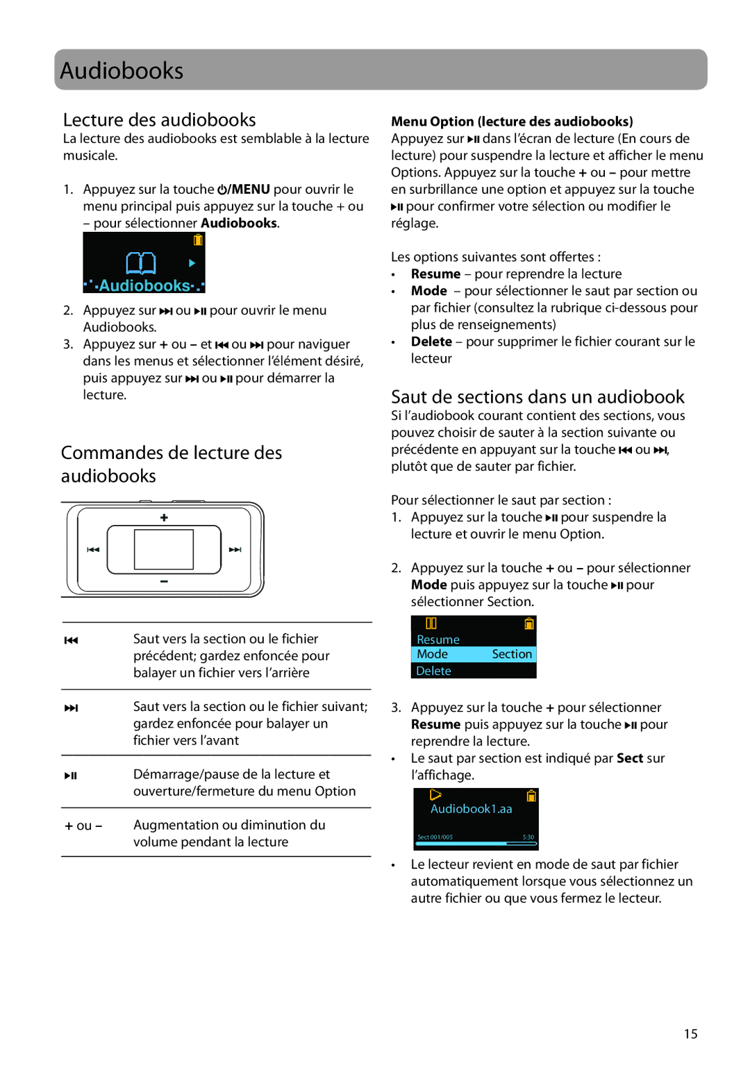 RCA TC1708, TH1702, TC1704 Lecture des audiobooks, Commandes de lecture des audiobooks, Saut de sections dans un audiobook 