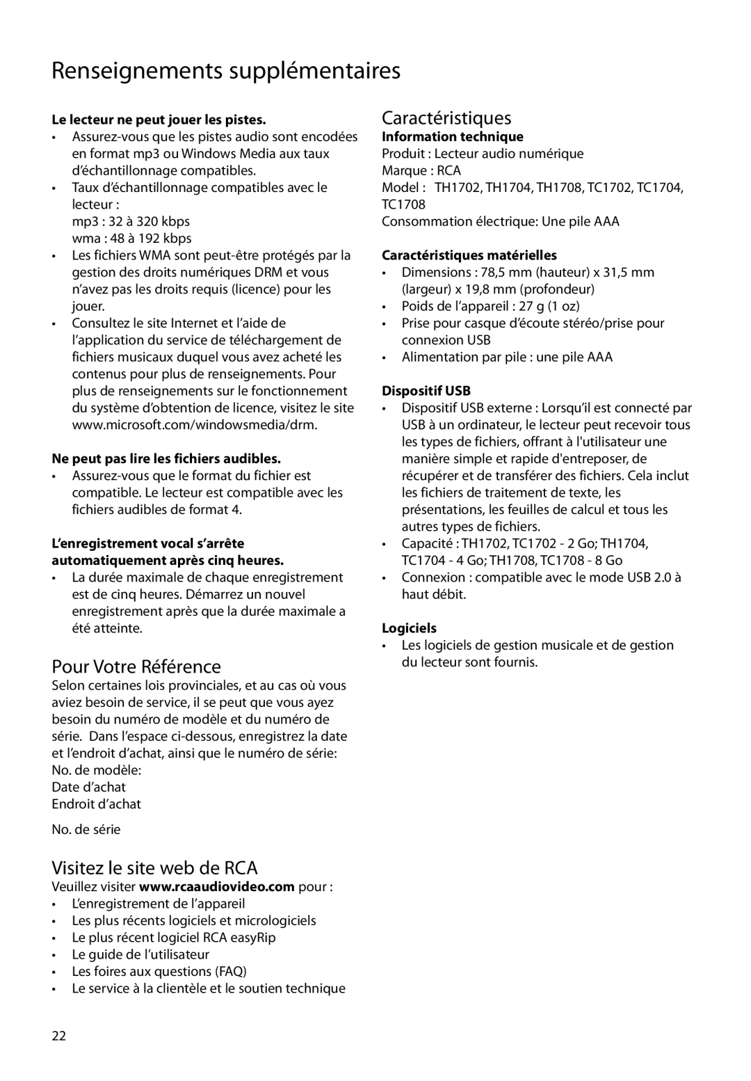 RCA TH1702, TC1704, TH1708, TH1704, TC1702, TC1708 Pour Votre Référence, Caractéristiques, Visitez le site web de RCA 