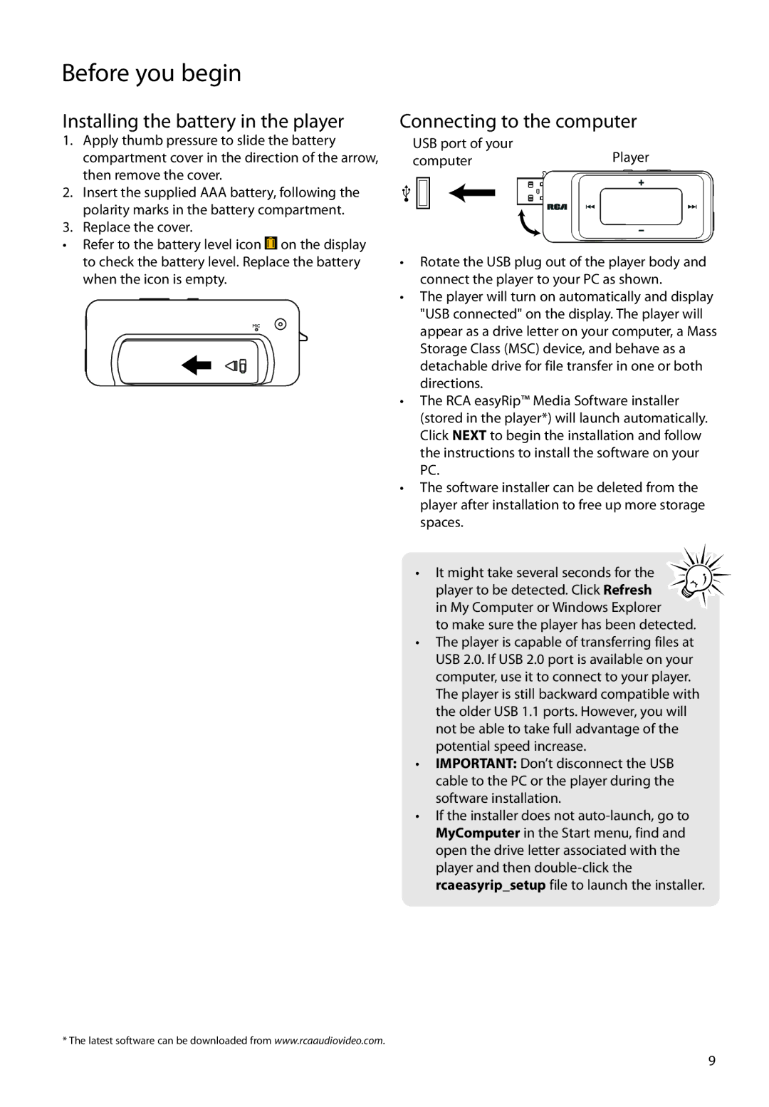 RCA TH1704, TH1702 Installing the battery in the player, Connecting to the computer, USB port of your ComputerPlayer 