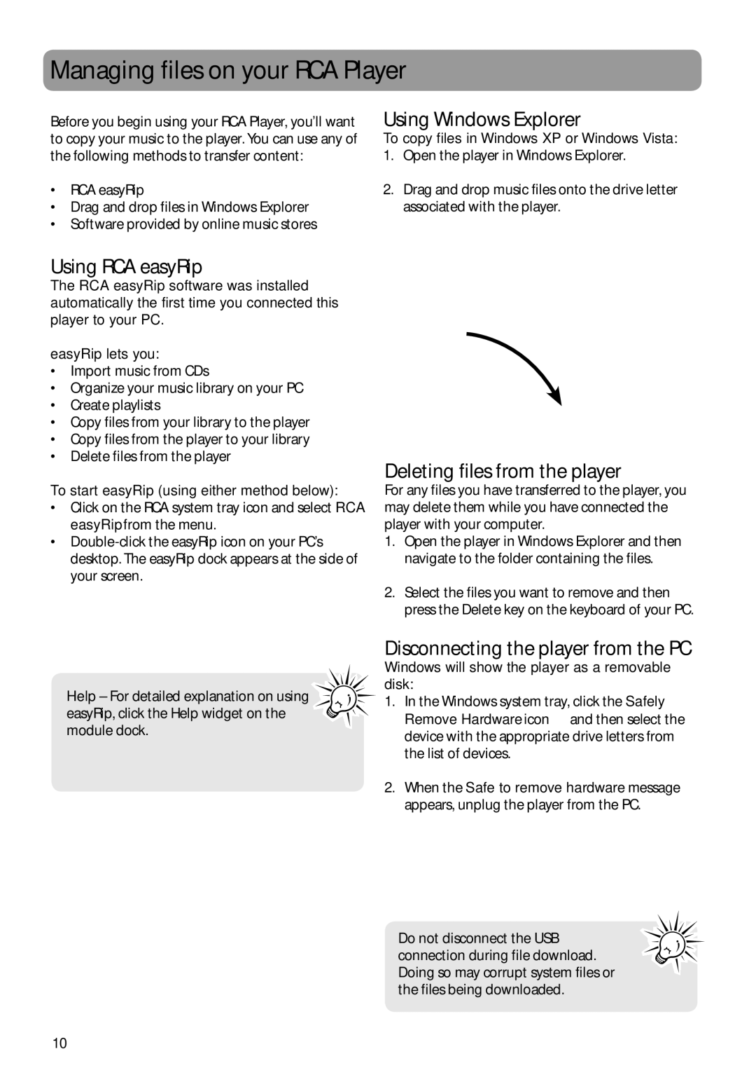 RCA TC1702 Managing files on your RCA Player, Using RCA easyRip, Using Windows Explorer, Deleting files from the player 