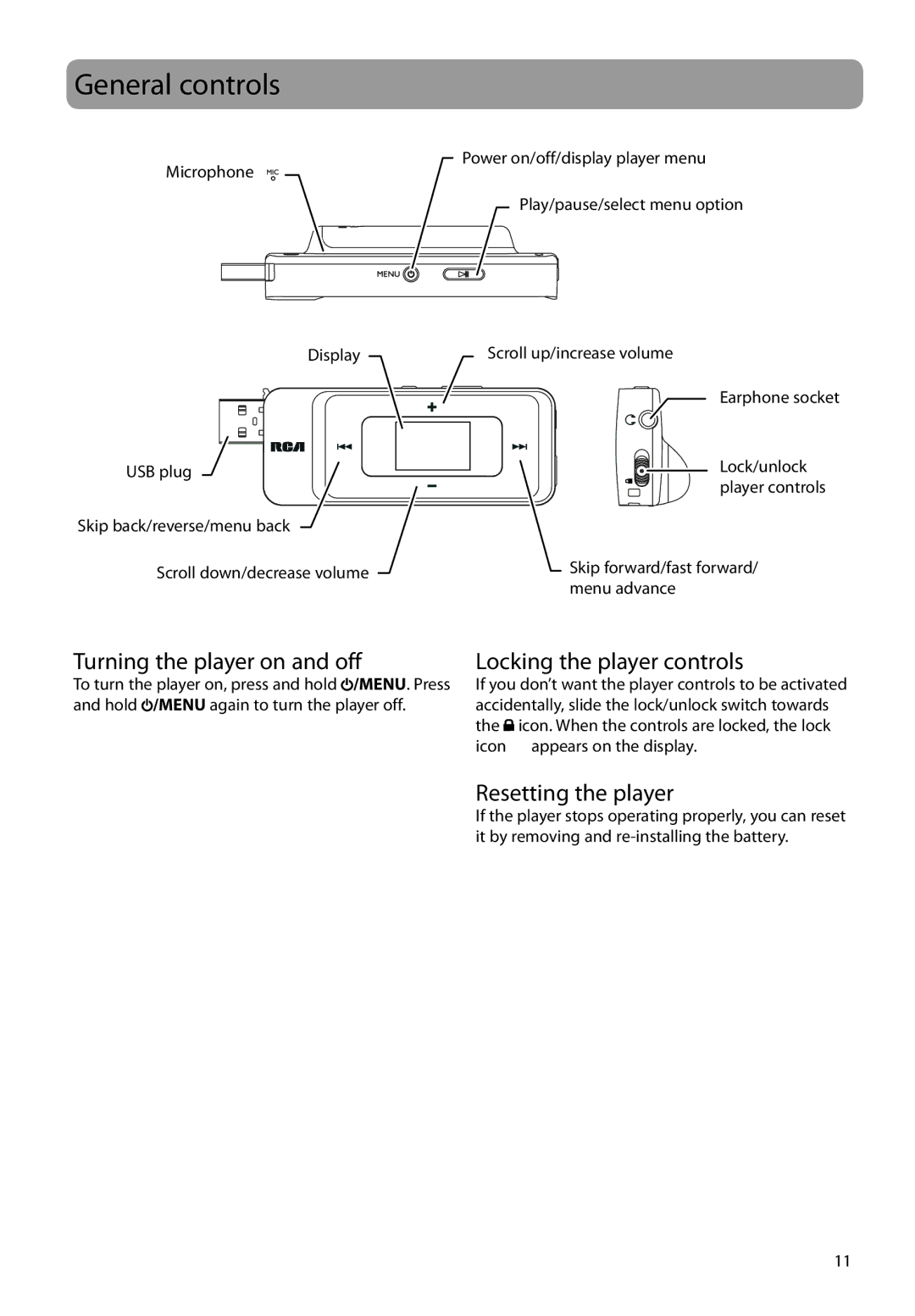 RCA TC1708, TH1702 General controls, Turning the player on and off, Locking the player controls, Resetting the player 