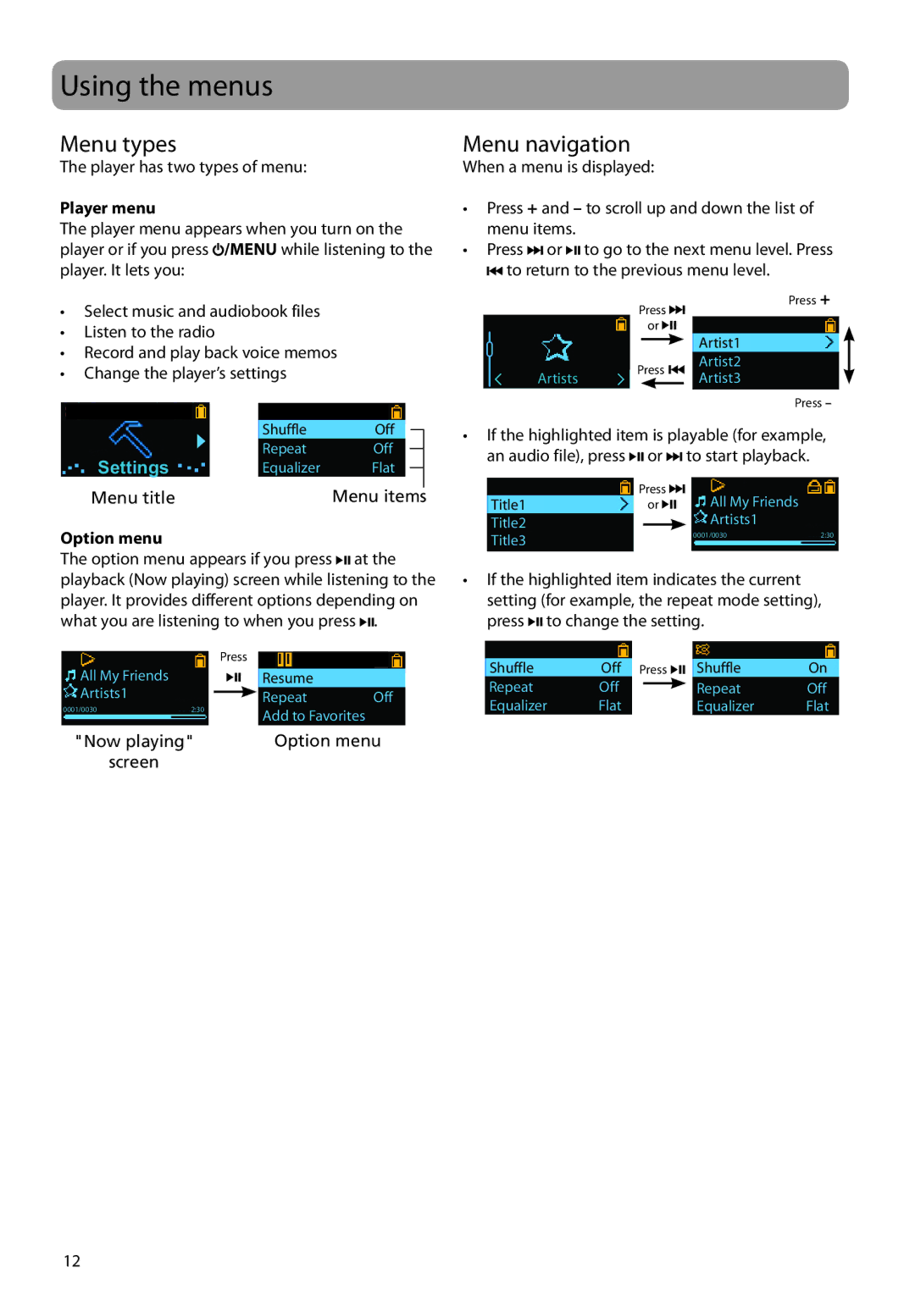 RCA TH1702, TC1704, TH1708, TH1704, TC1702, TC1708 Using the menus, Menu types, Menu navigation, Player menu, Option menu 