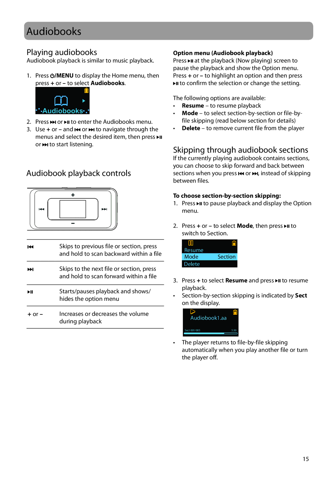 RCA TH1704, TH1702, TC1704 Audiobooks, Playing audiobooks, Audiobook playback controls, Skipping through audiobook sections 