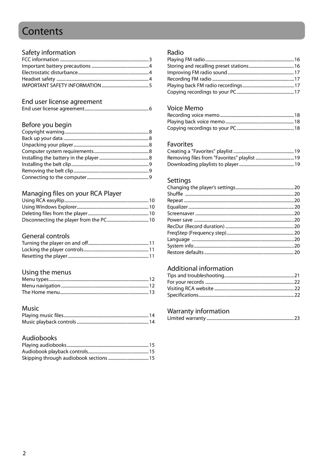 RCA TH1708, TH1702, TC1704, TH1704, TC1702, TC1708 user manual Contents 