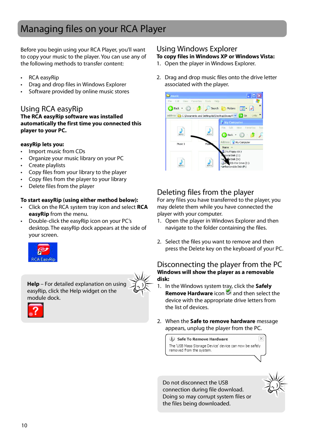 RCA TH1802 Managing files on your RCA Player, Using RCA easyRip, Using Windows Explorer, Deleting files from the player 