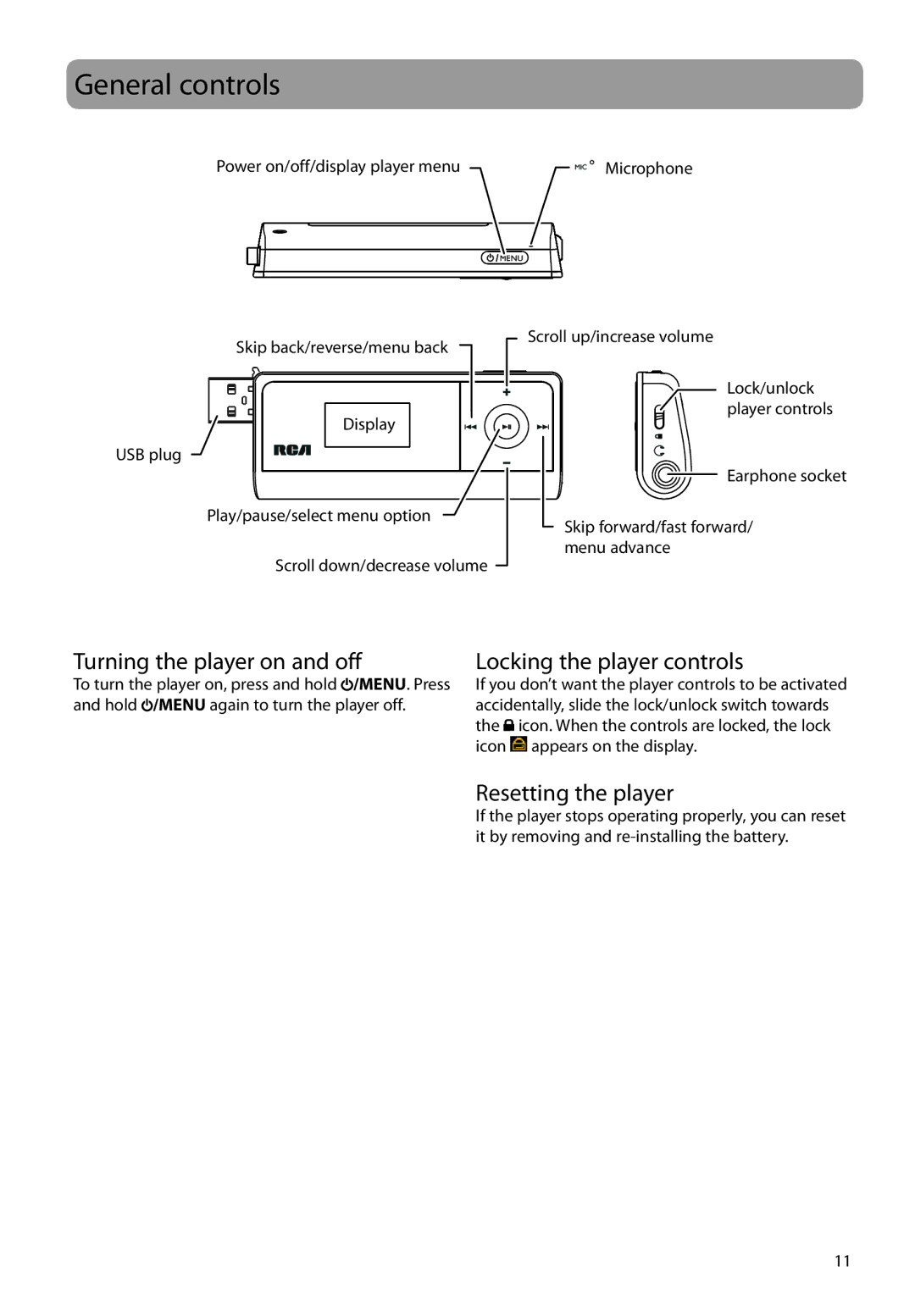 RCA TC1802, TH1801 General controls, Turning the player on and off, Locking the player controls, Resetting the player 