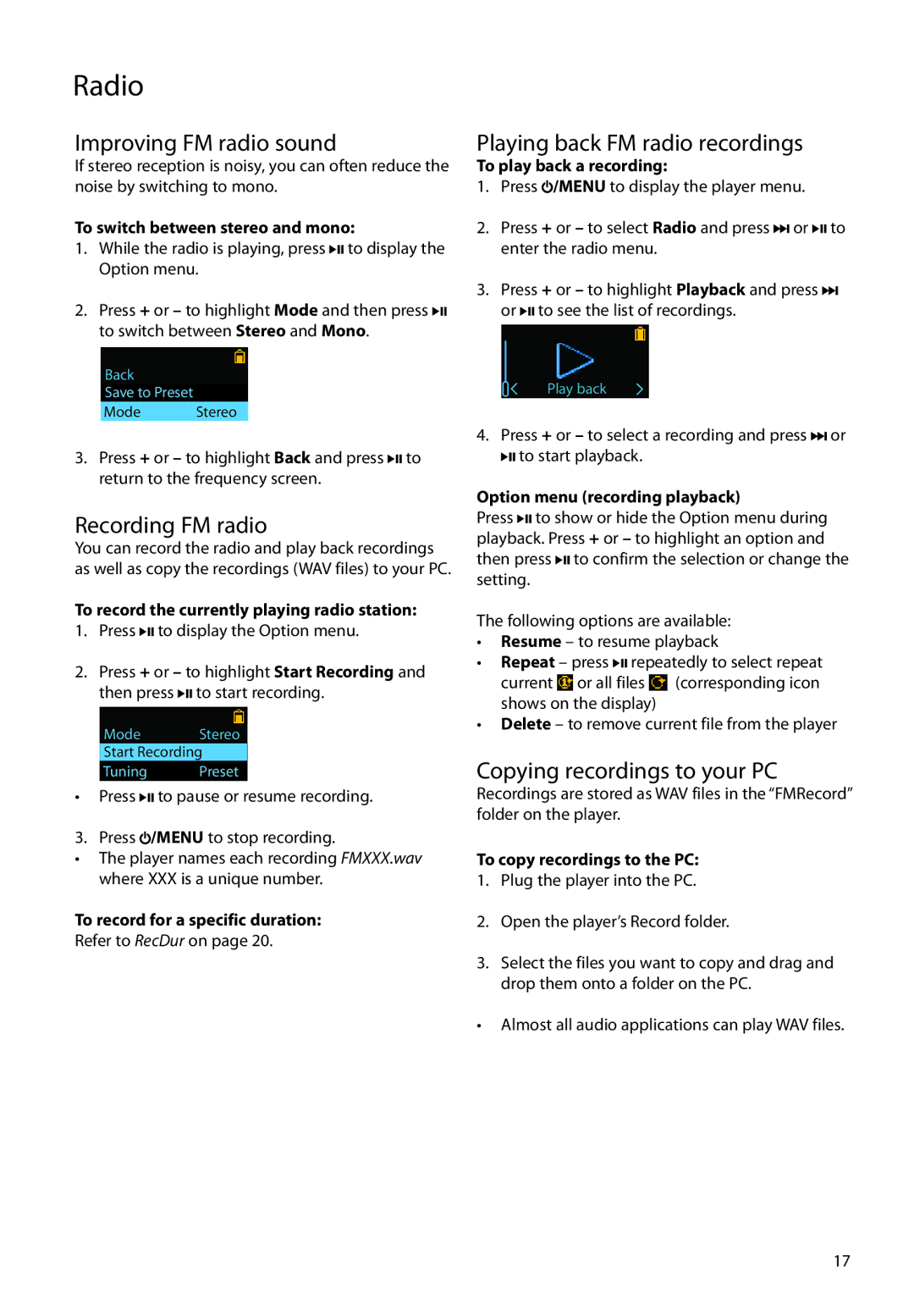 RCA TC1802 Improving FM radio sound, Recording FM radio, Playing back FM radio recordings, Copying recordings to your PC 