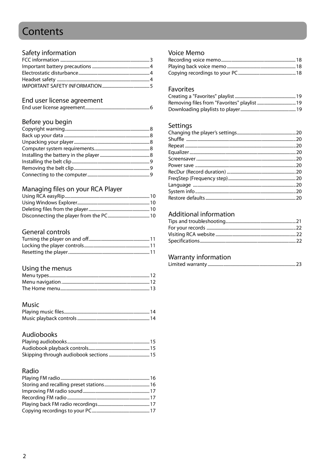 RCA TH1804, TH1801, TC1804, TC1801, TH1802, TC1802 user manual Contents 