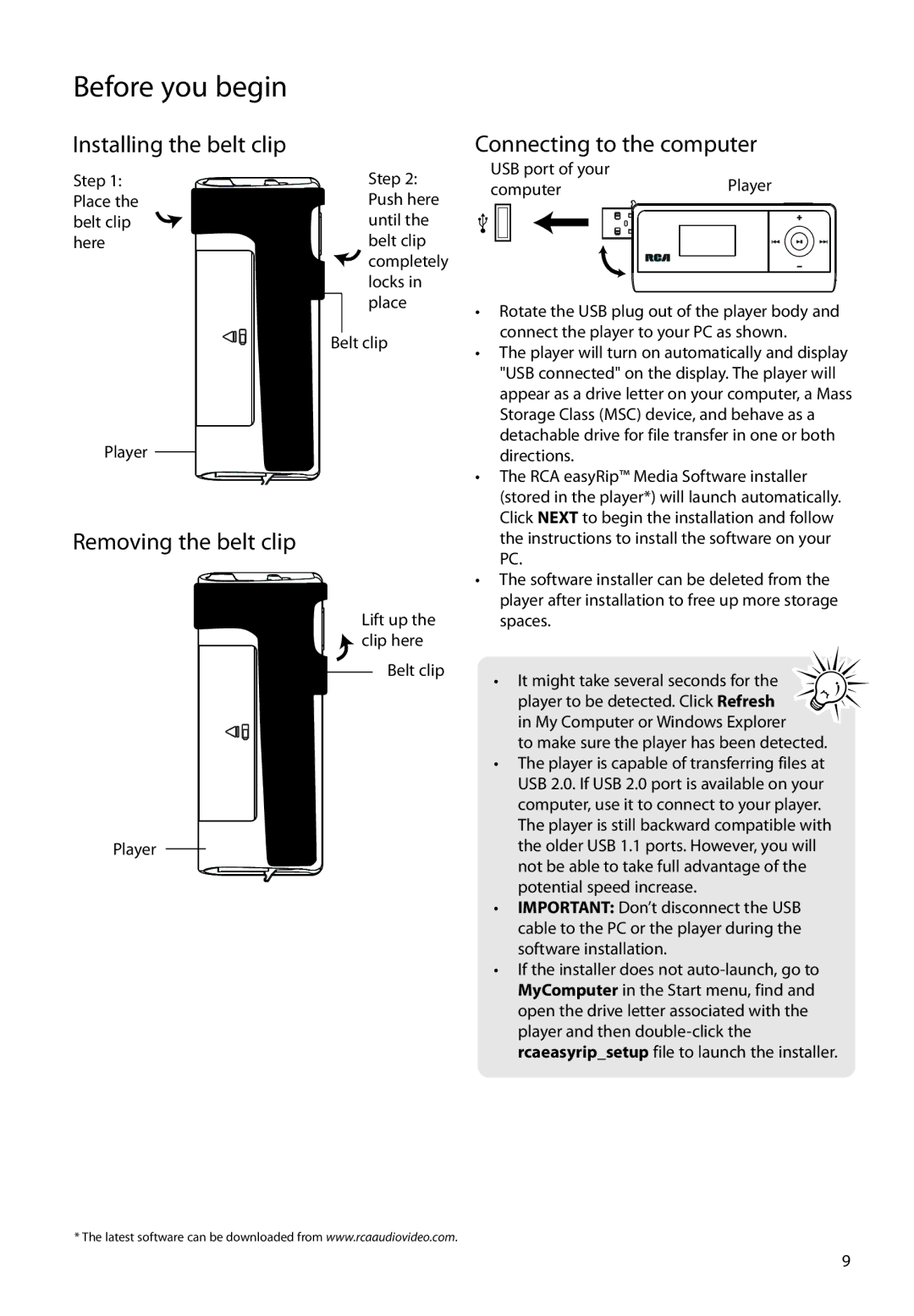 RCA TC1801, TH1801, TC1804, TH1804, TH1802 Installing the belt clip, Removing the belt clip, Connecting to the computer 