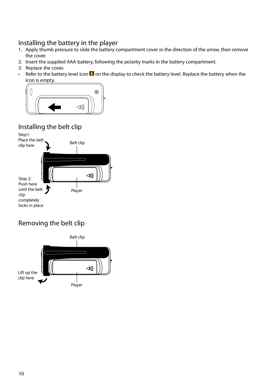 RCA TH22, TH20 user manual Installing the battery in the player, Installing the belt clip, Removing the belt clip 