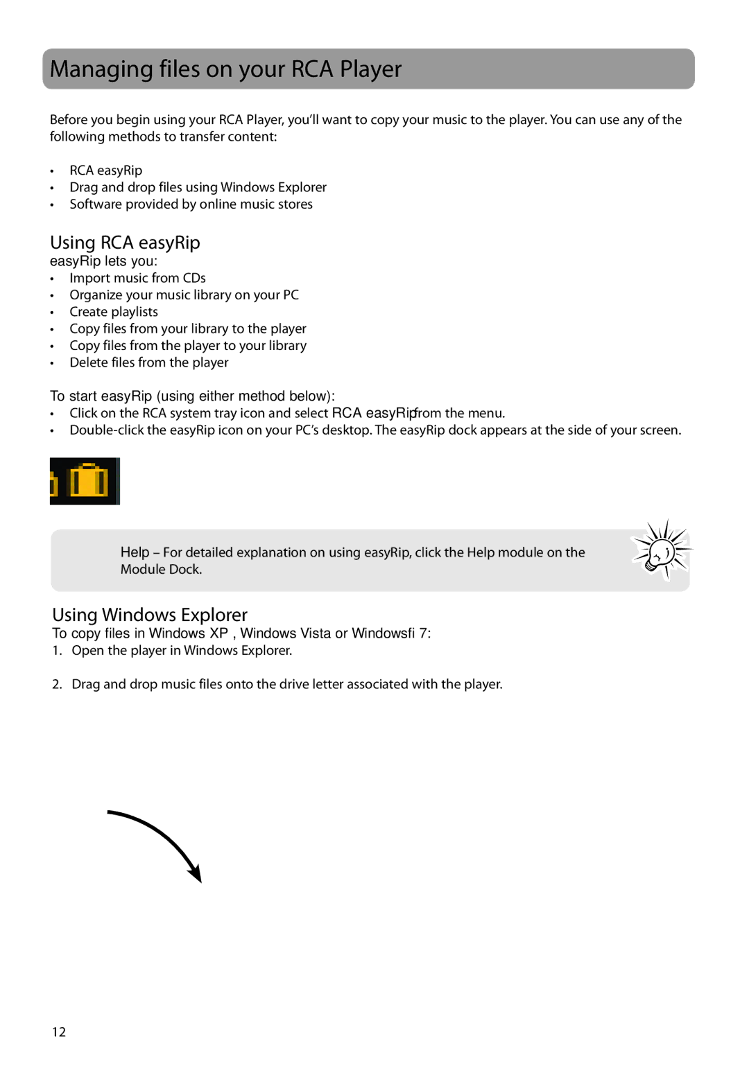 RCA TH22, TH20 user manual Managing files on your RCA Player, Using RCA easyRip, Using Windows Explorer 