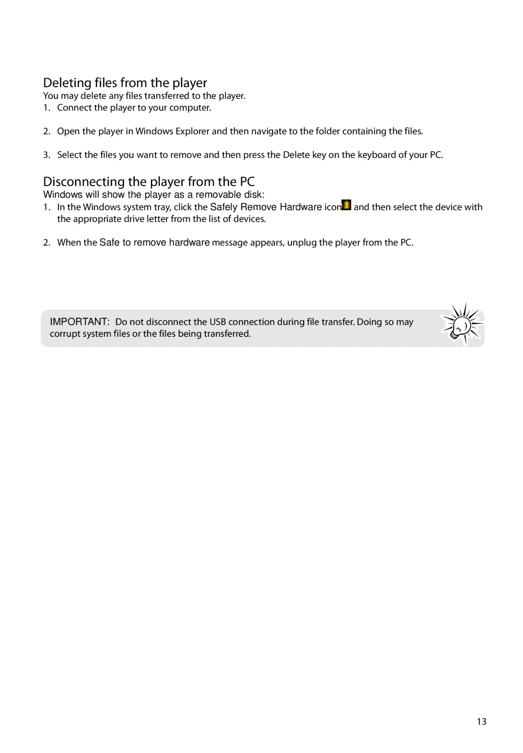 RCA TH20, TH22 user manual Deleting files from the player, Disconnecting the player from the PC 