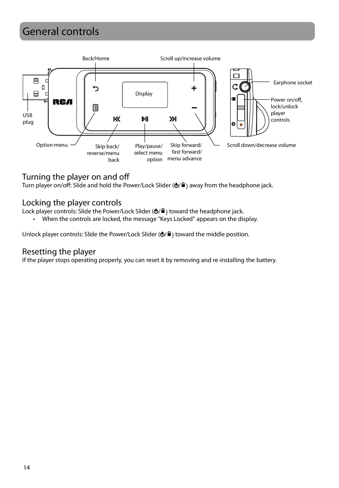 RCA TH22, TH20 General controls, Turning the player on and off, Locking the player controls, Resetting the player 