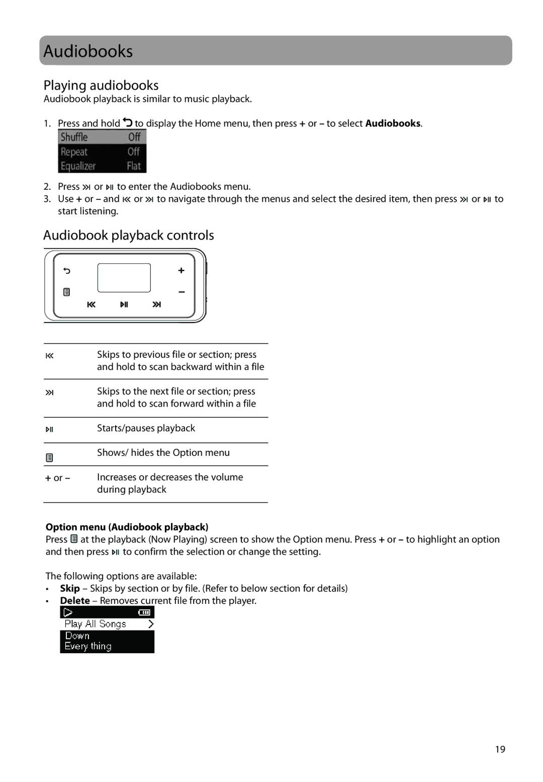 RCA TH20, TH22 user manual Audiobooks, Playing audiobooks, Audiobook playback controls, Option menu Audiobook playback 