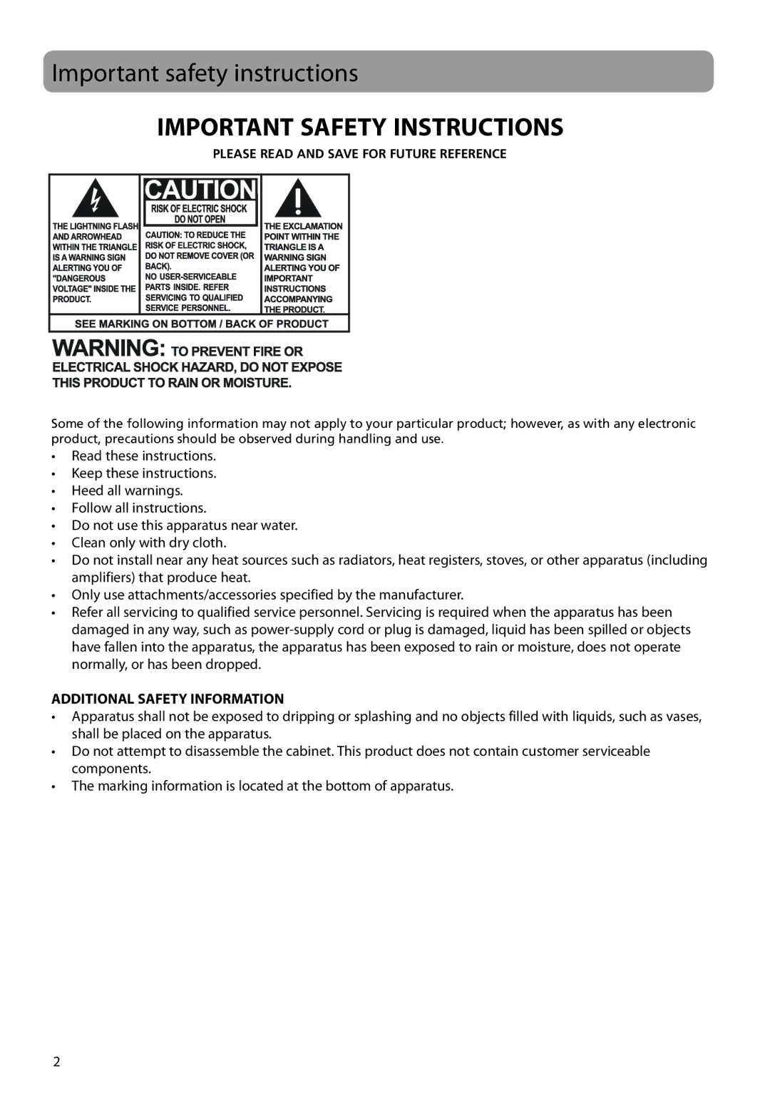 RCA TH22, TH20 user manual Important safety instructions, Important Safety Instructions 