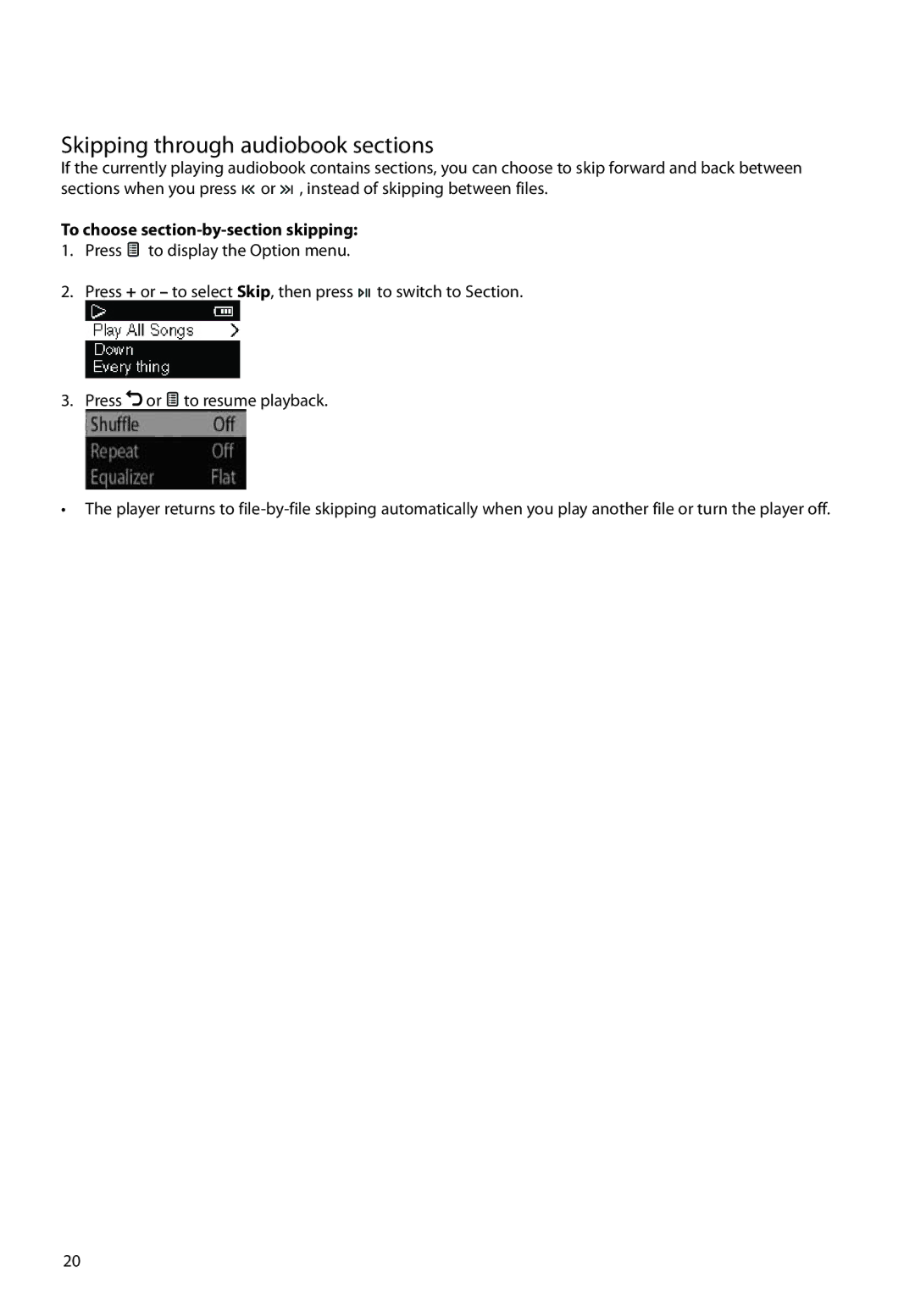 RCA TH22, TH20 user manual Skipping through audiobook sections, To choose section-by-section skipping 