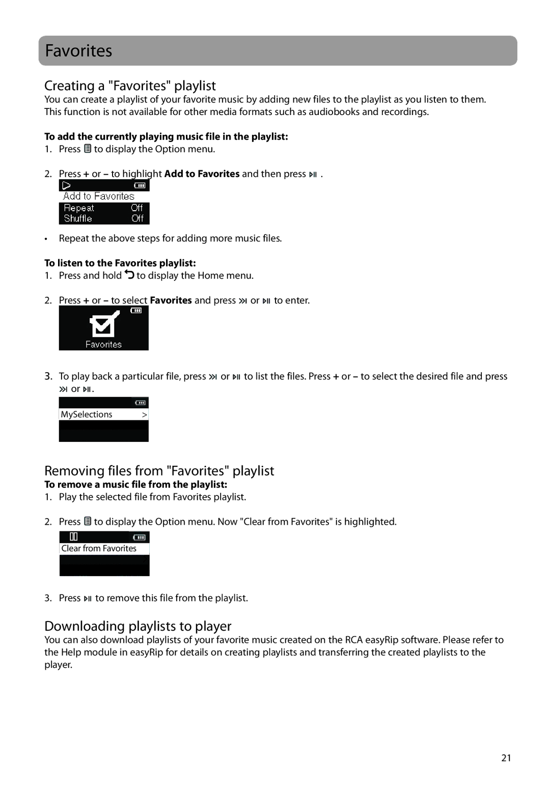 RCA TH20, TH22 Creating a Favorites playlist, Removing files from Favorites playlist, Downloading playlists to player 