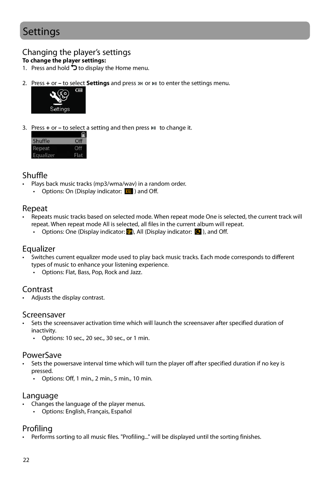 RCA TH22, TH20 user manual Settings 