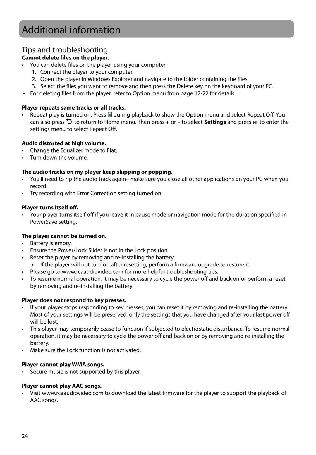 RCA TH22, TH20 user manual Additional information, Tips and troubleshooting 