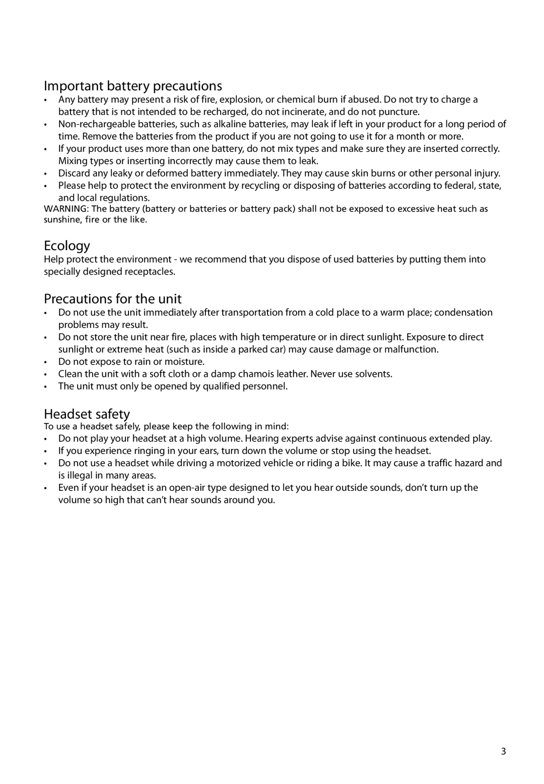 RCA TH20, TH22 user manual Important battery precautions, Ecology, Precautions for the unit, Headset safety 