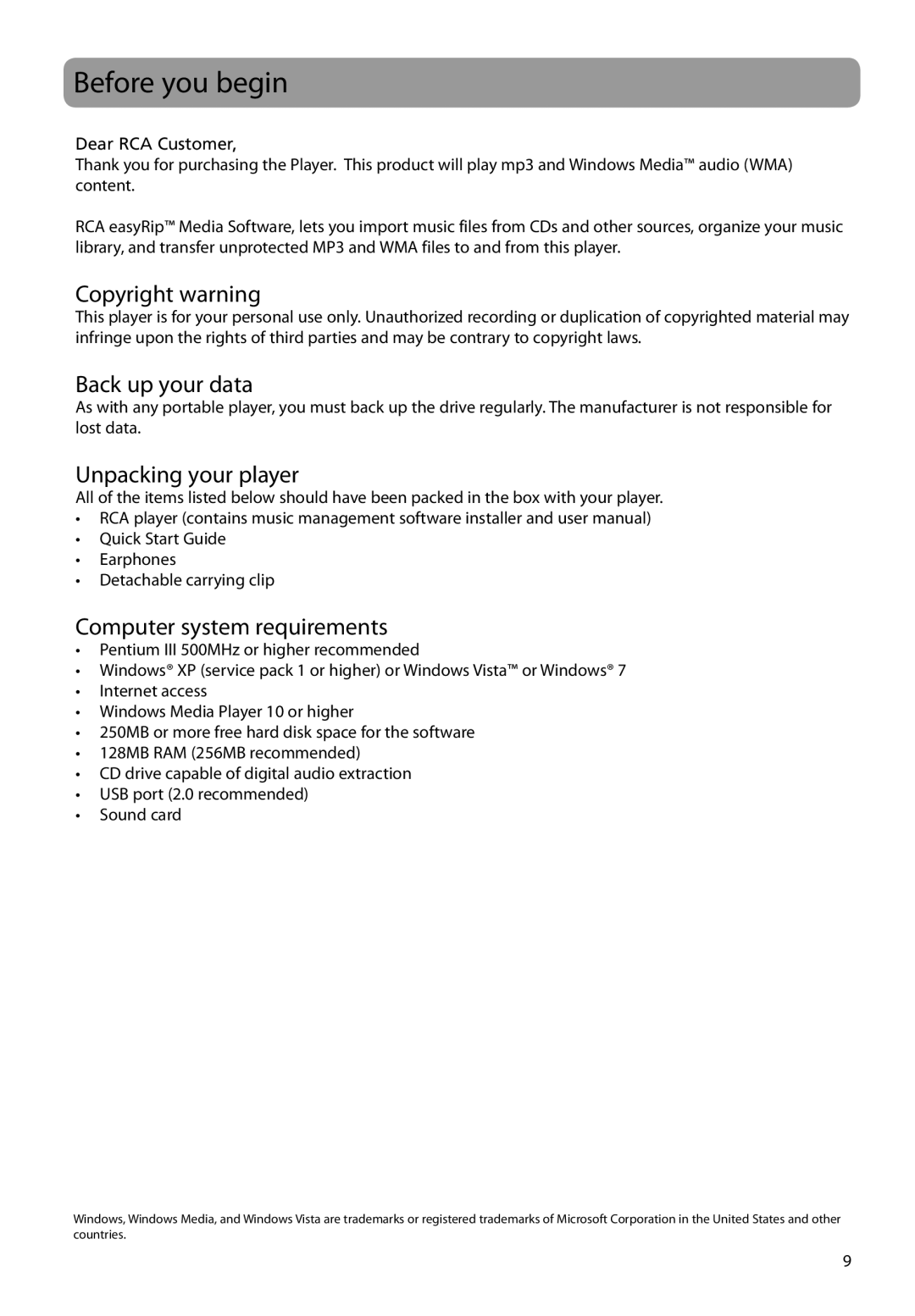 RCA TH20, TH22 Before you begin, Copyright warning, Back up your data, Unpacking your player, Computer system requirements 