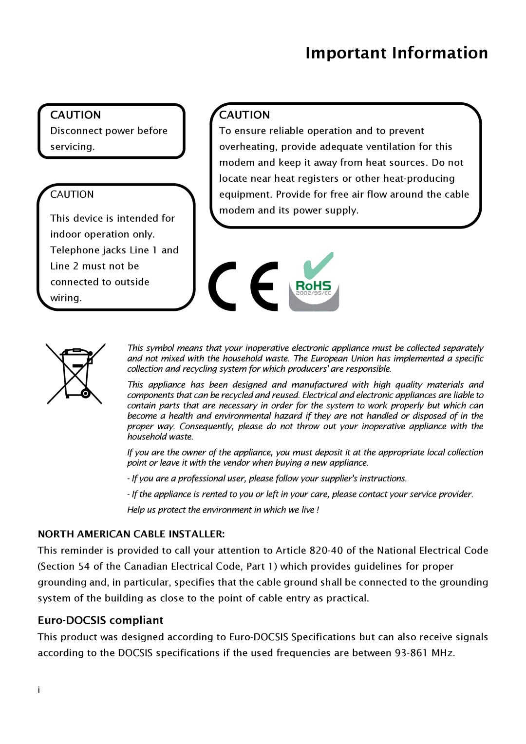 RCA THG540 user manual Important Information, Euro-DOCSIS compliant 